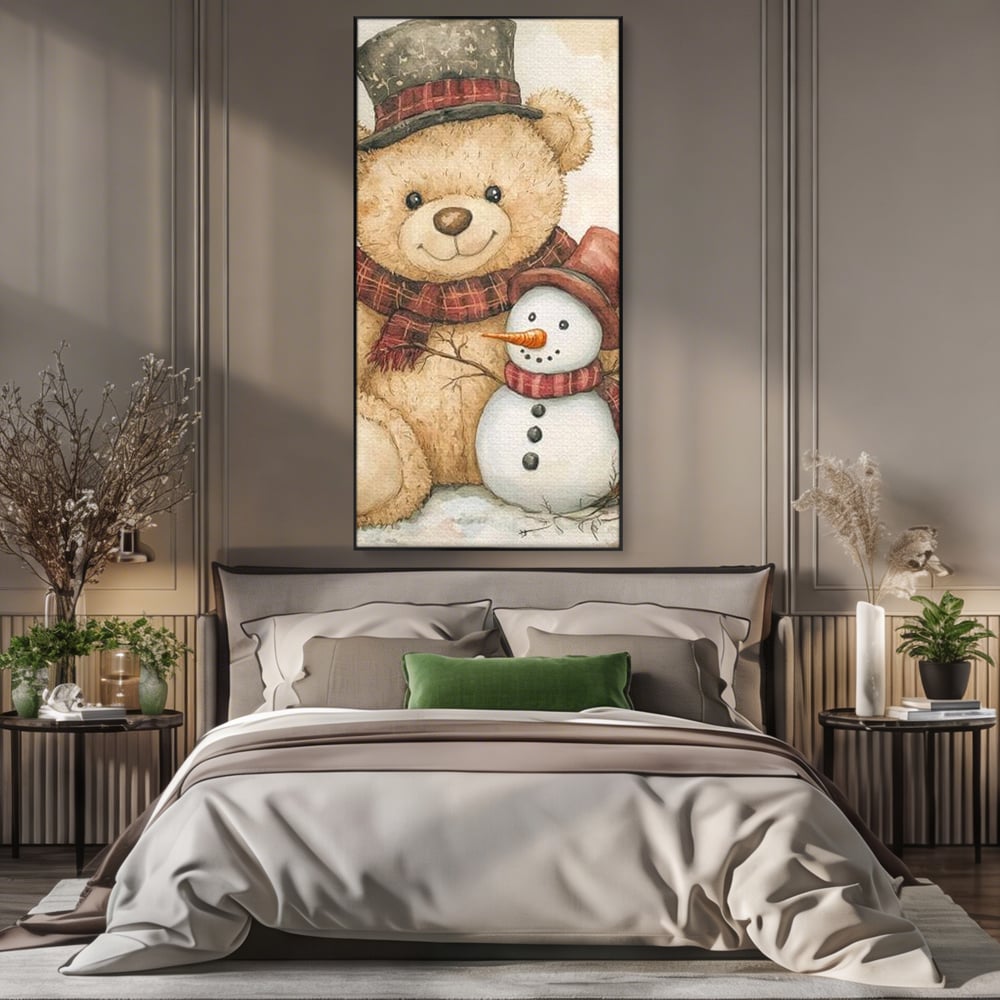 Tablou canvas cu ilustratie cu ursulet si om de zapada, in rama de aluminiu negru, pe perete intr-un dormitor